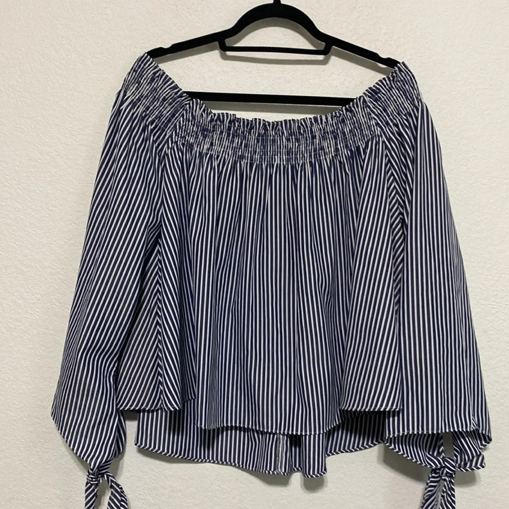 Areo + Otto Navy White Striped Off Shoulder Long Sleeve Blouse